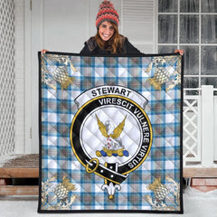 Stewart Muted Blue Tartan Crest Premium Quilt - Gold Thistle Style