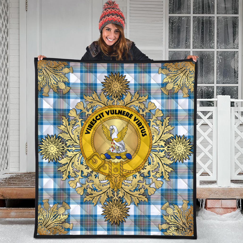 Stewart Muted Blue Tartan Crest Premium Quilt - Gold Thistle Style