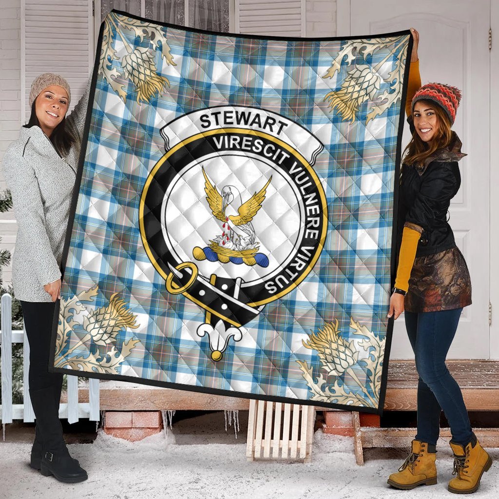 Stewart Muted Blue Tartan Crest Premium Quilt - Gold Thistle Style