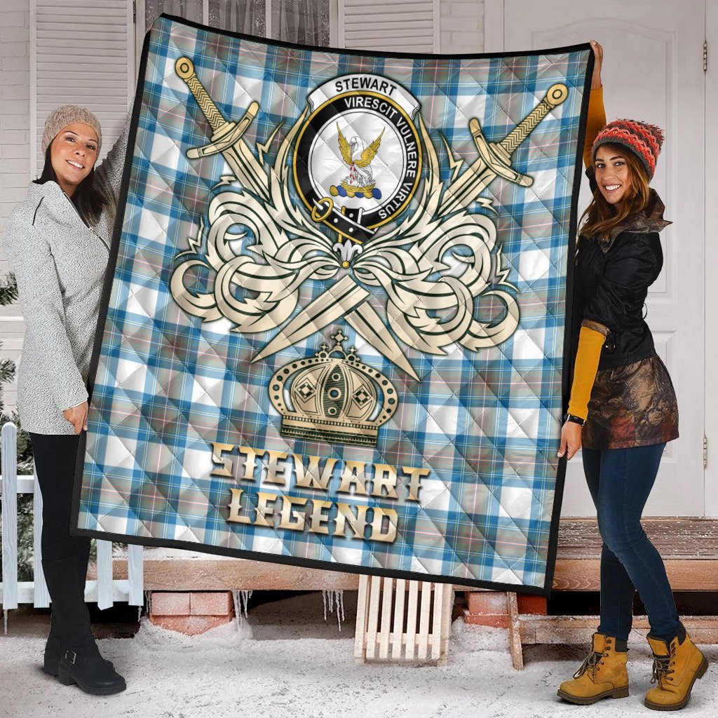 Stewart Muted Blue Tartan Crest Legend Gold Royal Premium Quilt