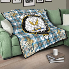 Stewart Muted Blue Tartan Crest Premium Quilt - Gold Thistle Style
