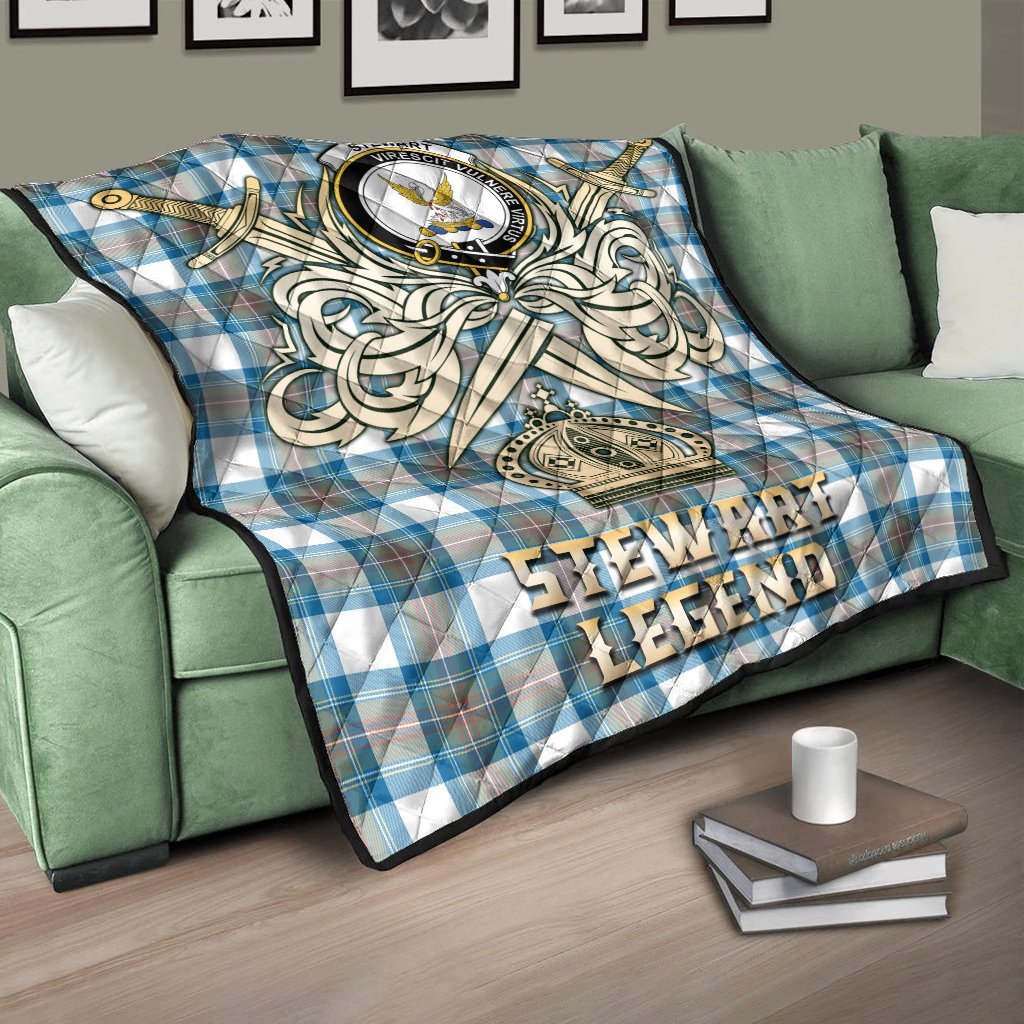 Stewart Muted Blue Tartan Crest Legend Gold Royal Premium Quilt