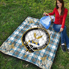 Stewart Muted Blue Tartan Crest Premium Quilt - Gold Thistle Style