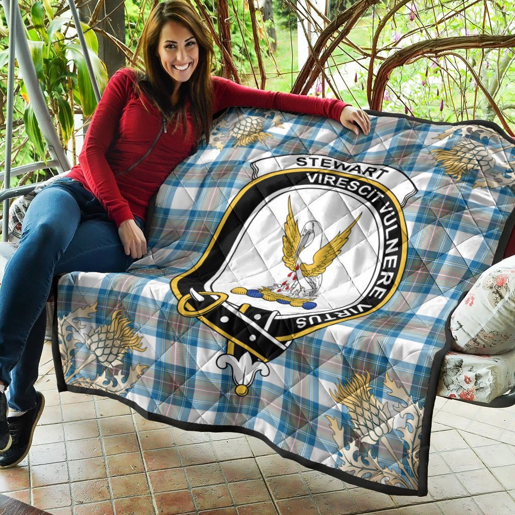 Stewart Muted Blue Tartan Crest Premium Quilt - Gold Thistle Style