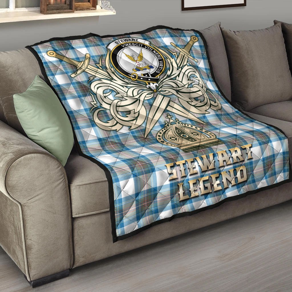 Stewart Muted Blue Tartan Crest Legend Gold Royal Premium Quilt