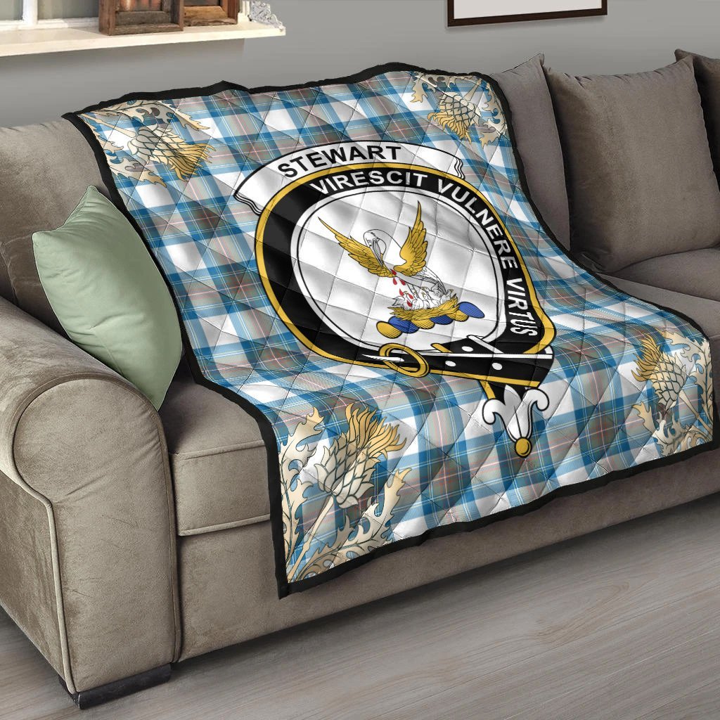 Stewart Muted Blue Tartan Crest Premium Quilt - Gold Thistle Style