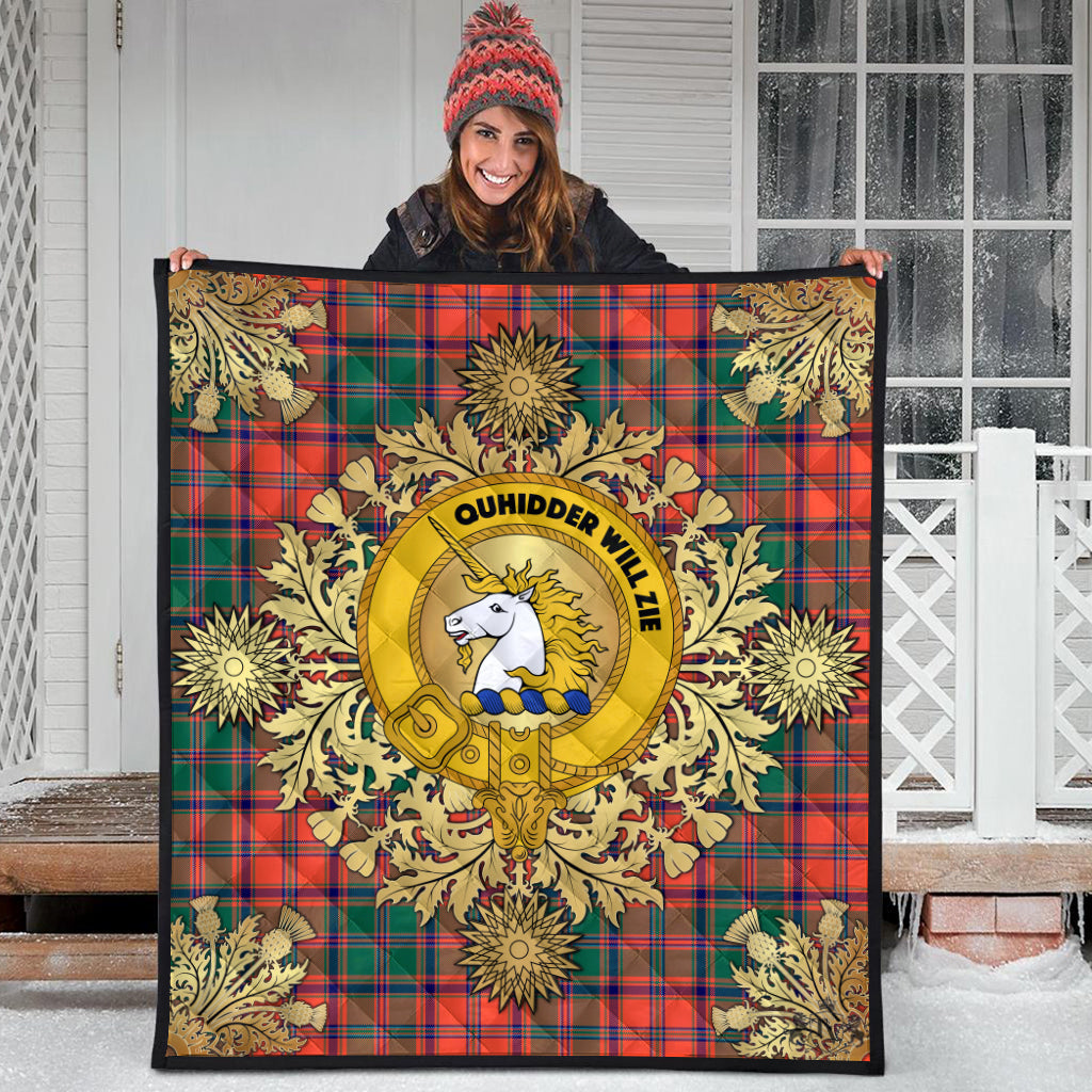 Stewart of Appin Ancient Tartan Crest Premium Quilt - Gold Thistle Style