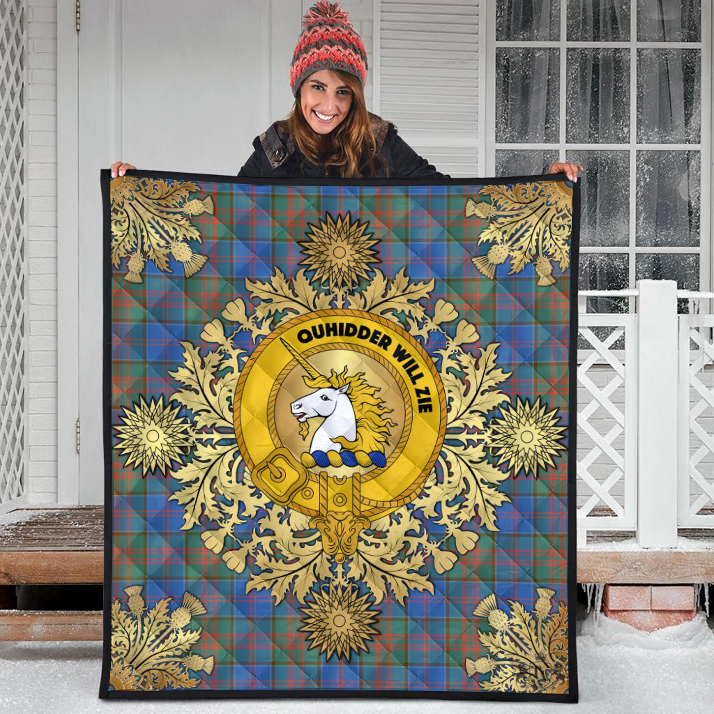 Stewart of Appin Hunting Ancient Tartan Crest Premium Quilt - Gold Thistle Style