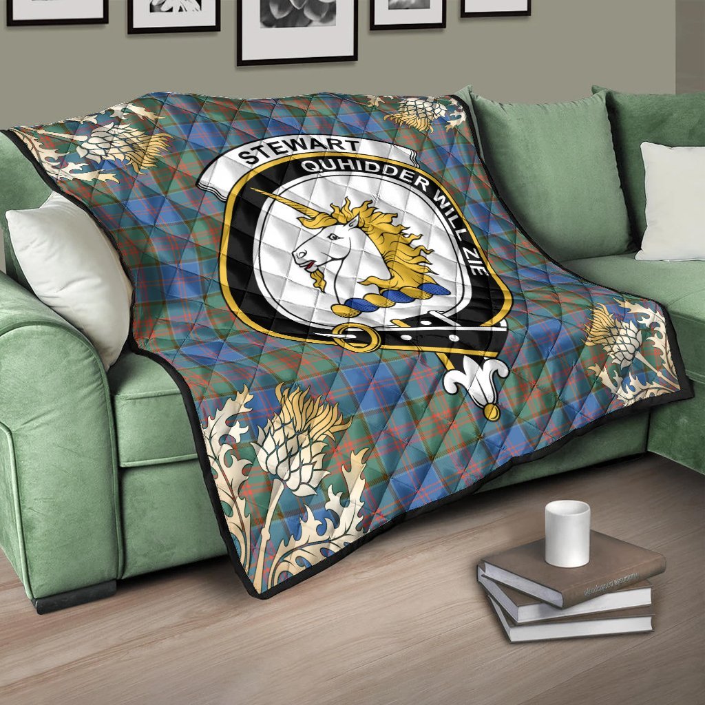 Stewart of Appin Hunting Ancient Tartan Crest Premium Quilt - Gold Thistle Style