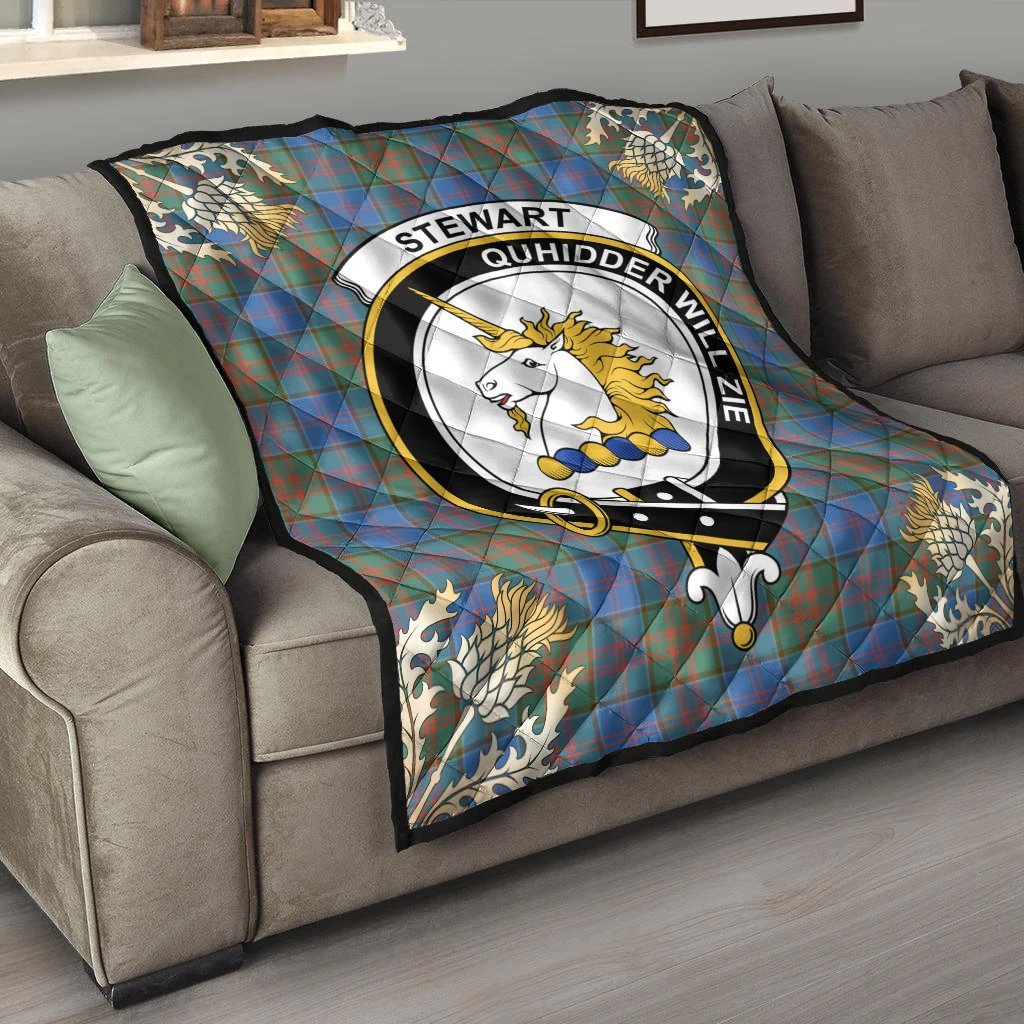 Stewart of Appin Hunting Ancient Tartan Crest Premium Quilt - Gold Thistle Style