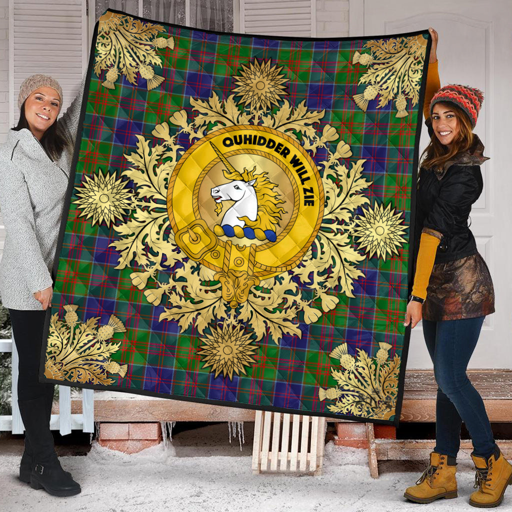 Stewart of Appin Hunting Modern Tartan Crest Premium Quilt - Gold Thistle Style