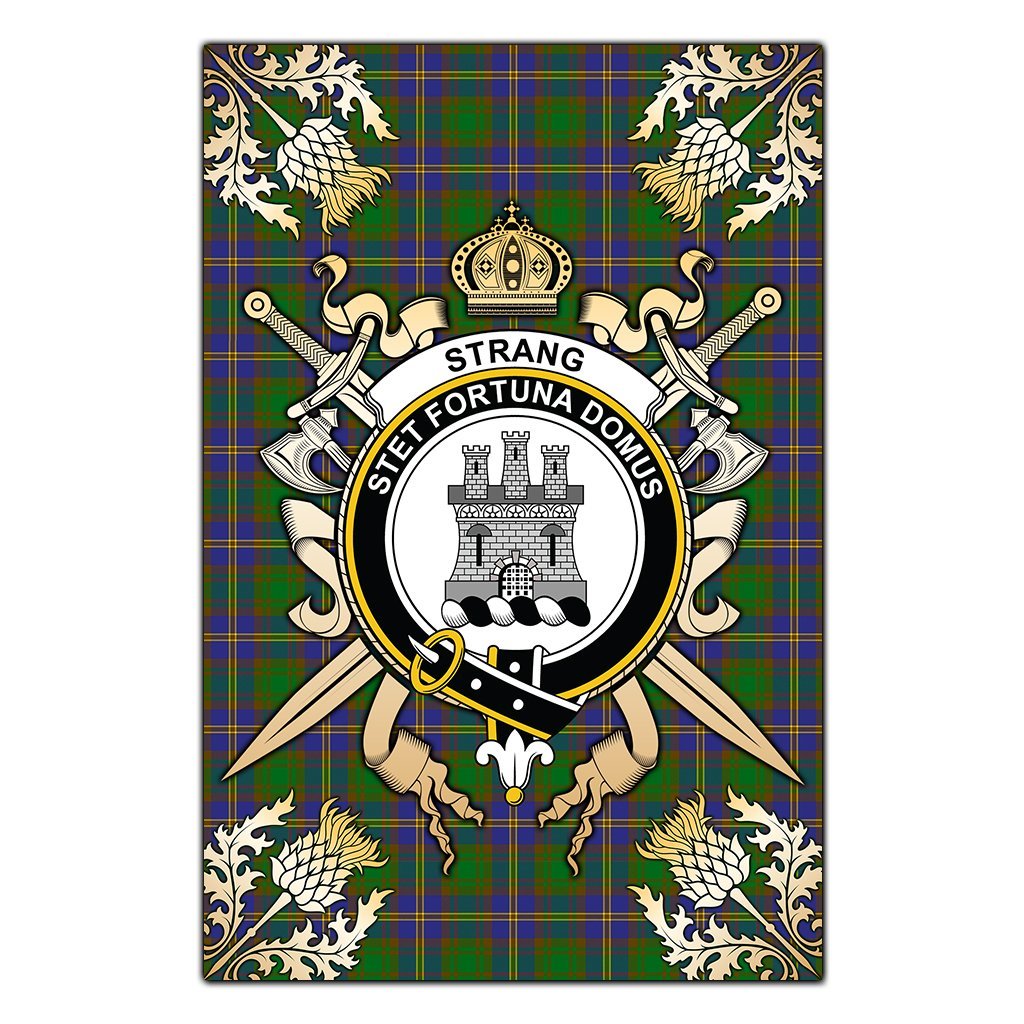 Strange of Balkaskie Tartan Crest Black Garden Flag - Gold Thistle Style