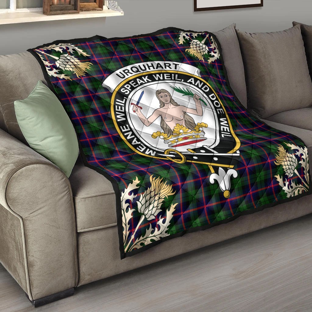 Urquhart Modern Tartan Crest Premium Quilt - Gold Thistle Style