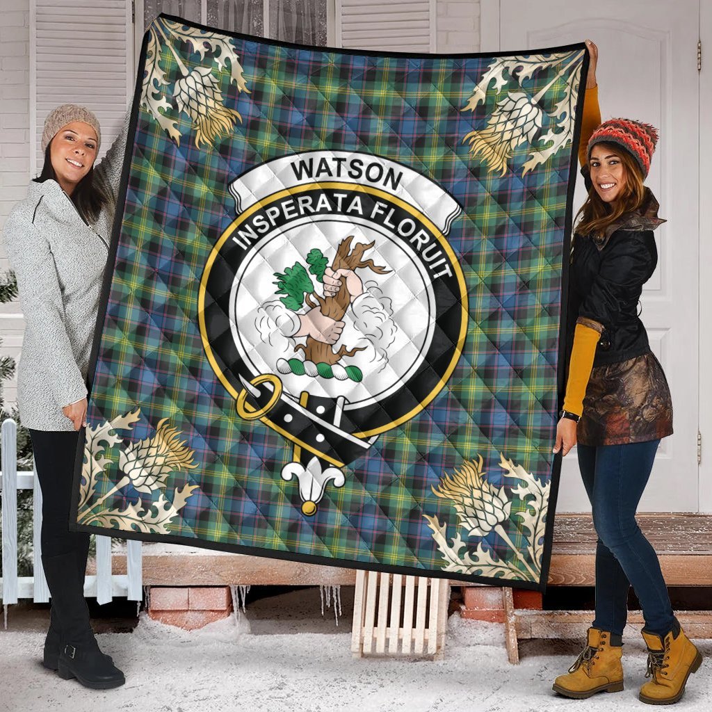 Watson Ancient Tartan Crest Premium Quilt - Gold Thistle Style