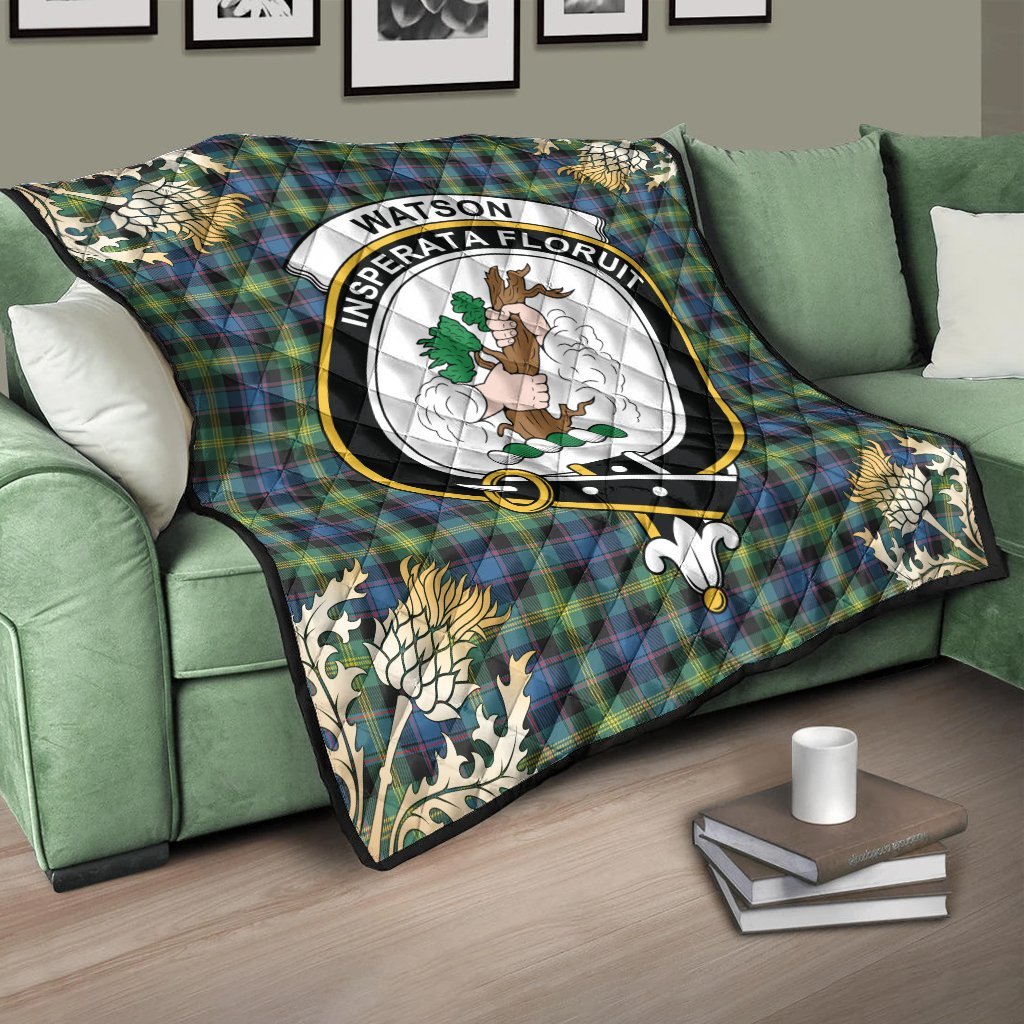 Watson Ancient Tartan Crest Premium Quilt - Gold Thistle Style