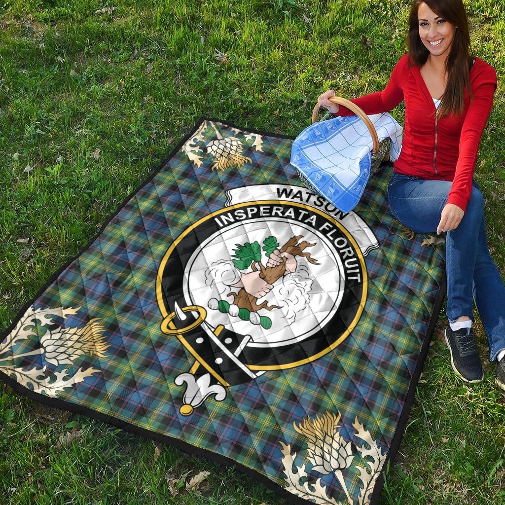 Watson Ancient Tartan Crest Premium Quilt - Gold Thistle Style