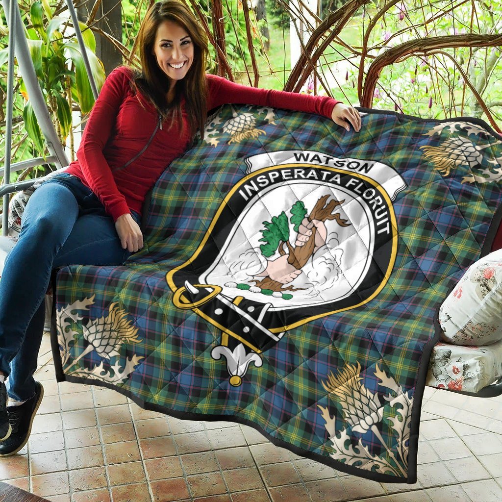 Watson Ancient Tartan Crest Premium Quilt - Gold Thistle Style