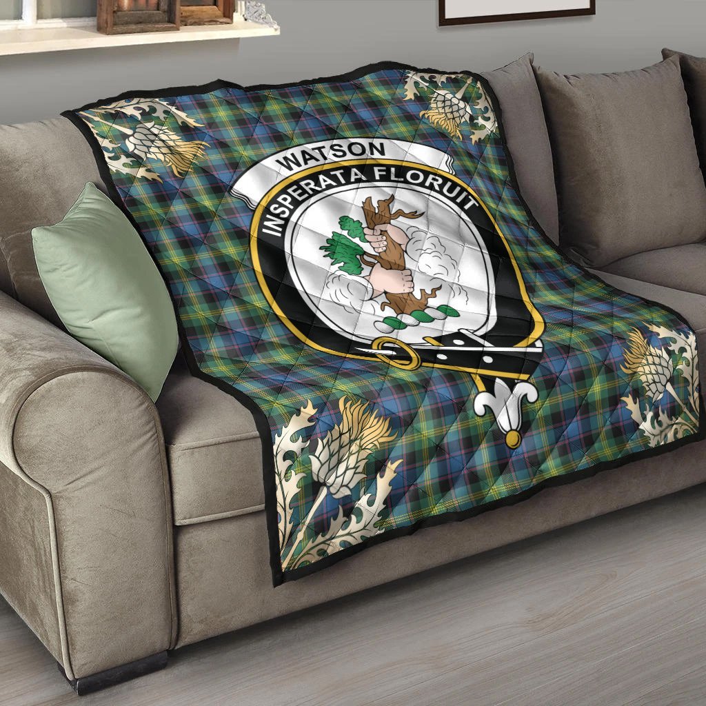 Watson Ancient Tartan Crest Premium Quilt - Gold Thistle Style