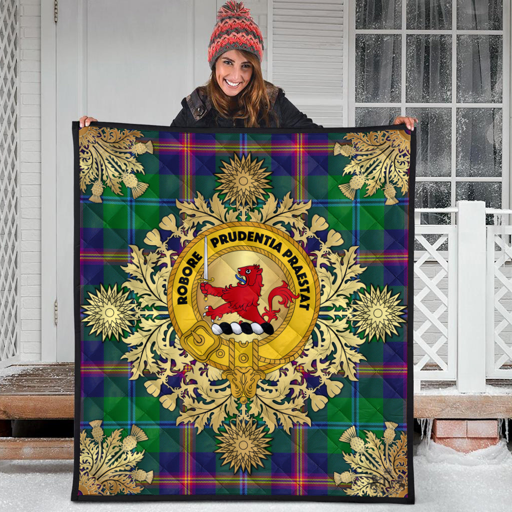 Young Modern Tartan Crest Premium Quilt - Gold Thistle Style