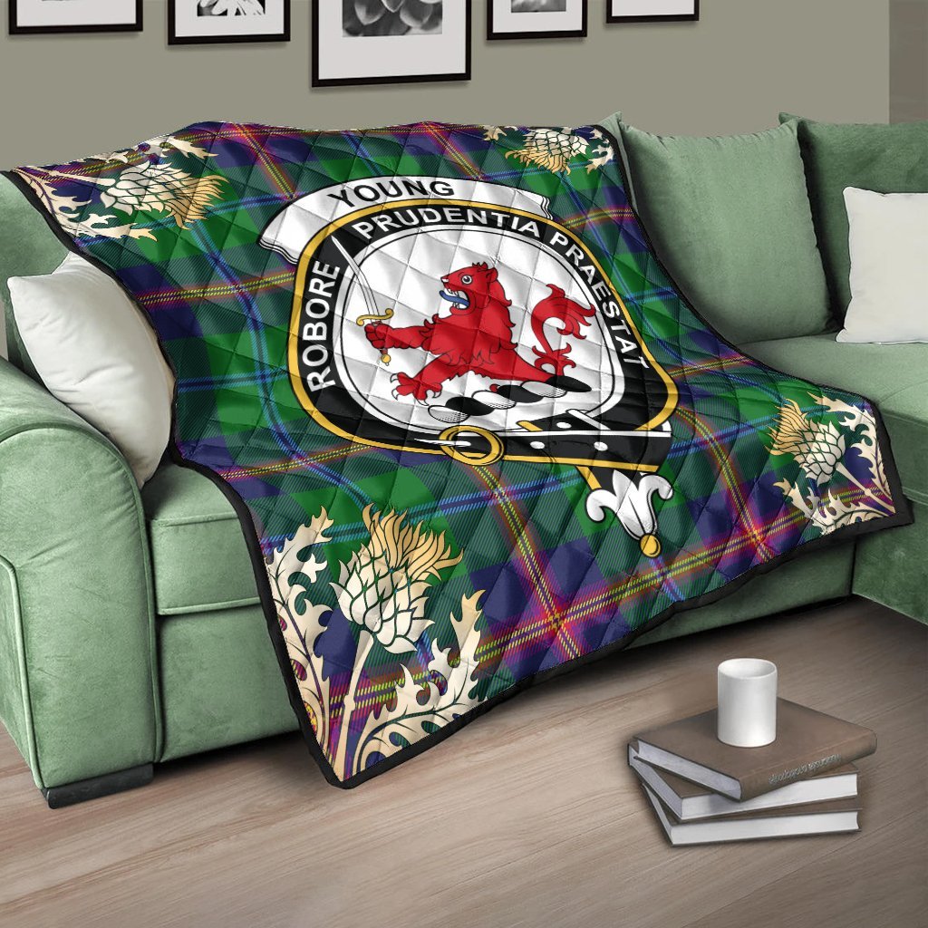 Young Modern Tartan Crest Premium Quilt - Gold Thistle Style