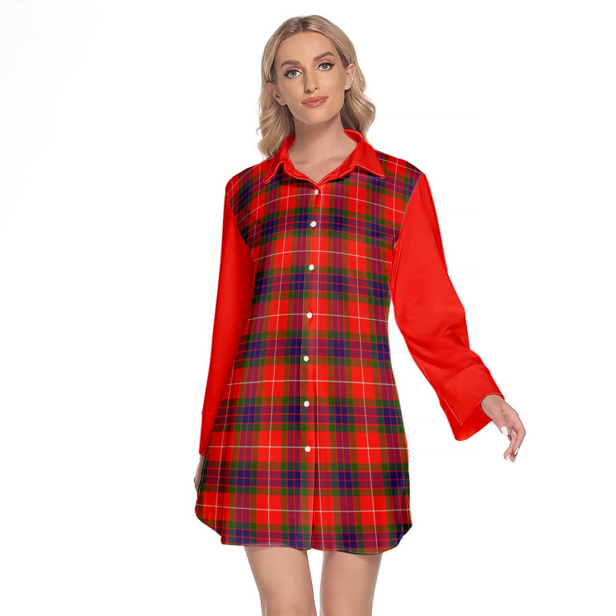 Abernethy Tartan Women's Lapel Shirt Dress With Long Sleeve