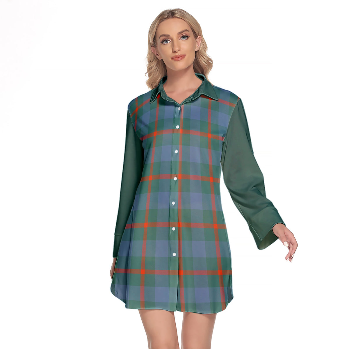 Agnew Ancient Tartan Women's Lapel Shirt Dress With Long Sleeve