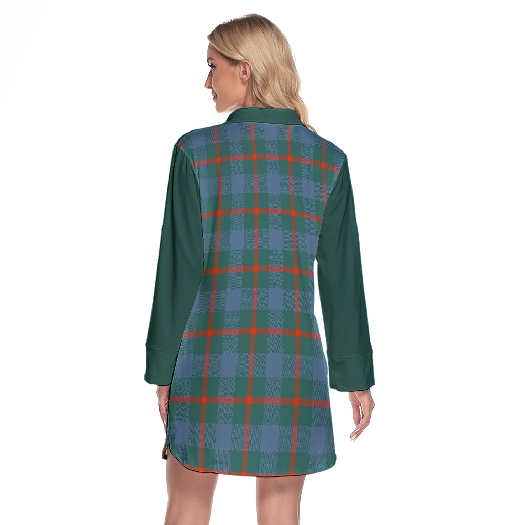 Agnew Ancient Tartan Women's Lapel Shirt Dress With Long Sleeve