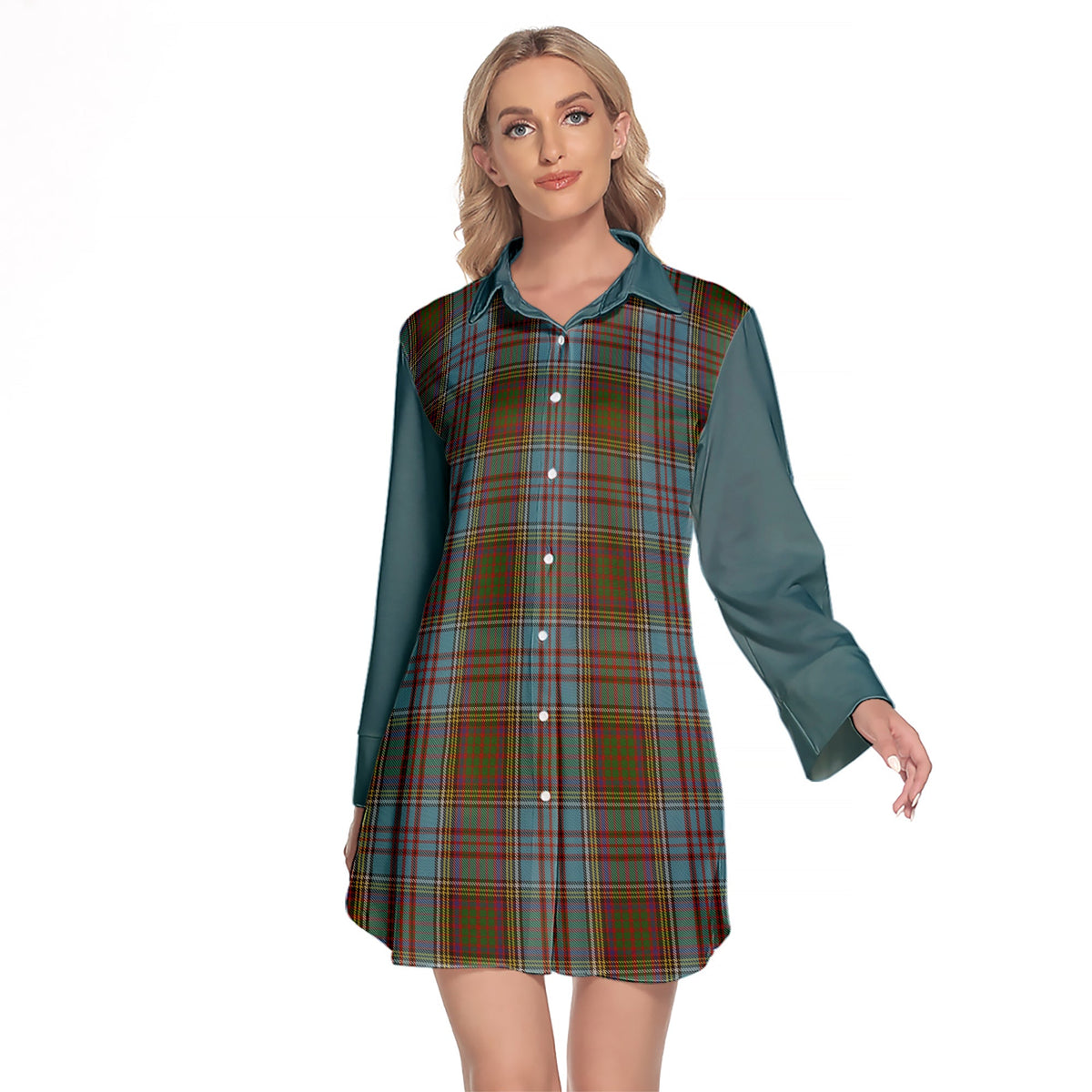 Anderson Tartan Women's Lapel Shirt Dress With Long Sleeve