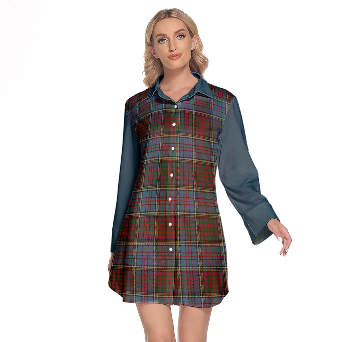 Anderson Highland Society Of London Tartan Women's Lapel Shirt Dress With Long Sleeve