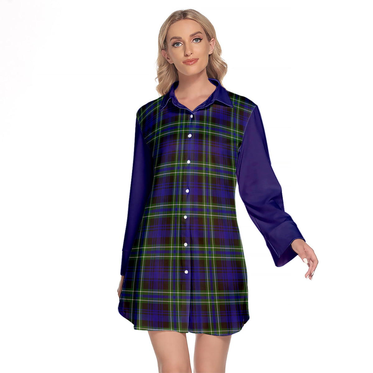 Arbuthnot Modern Tartan Women's Lapel Shirt Dress With Long Sleeve