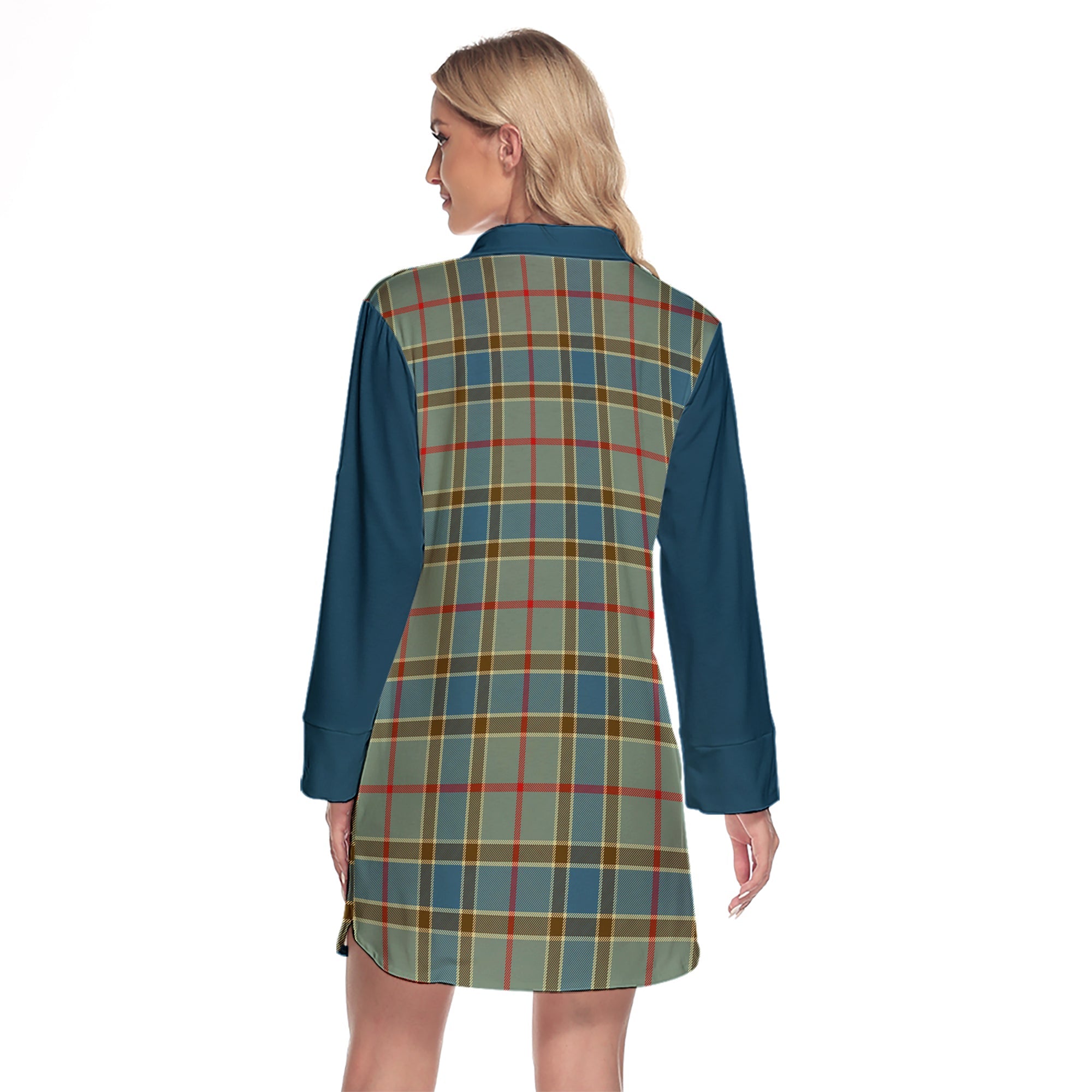 Balfour Blue Tartan Women's Lapel Shirt Dress With Long Sleeve