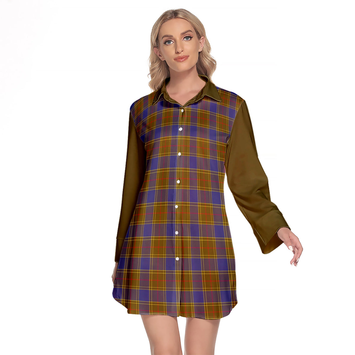 Balfour Modern Tartan Women's Lapel Shirt Dress With Long Sleeve