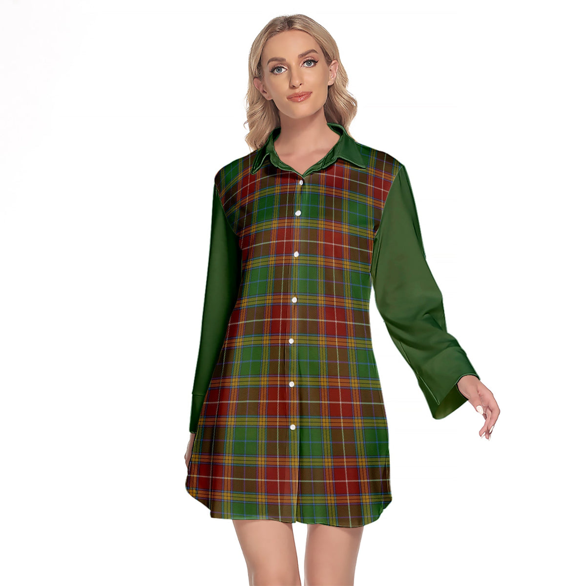 Baxter Tartan Women's Lapel Shirt Dress With Long Sleeve