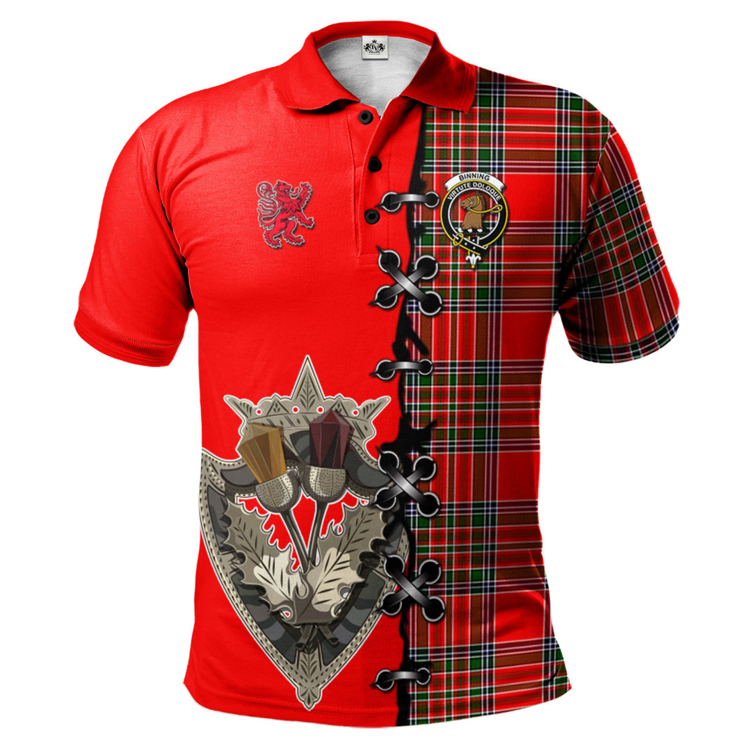 Binning Tartan Polo Shirt - Lion Rampant And Celtic Thistle Style