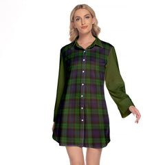 Black Watch Tartan Women's Lapel Shirt Dress With Long Sleeve