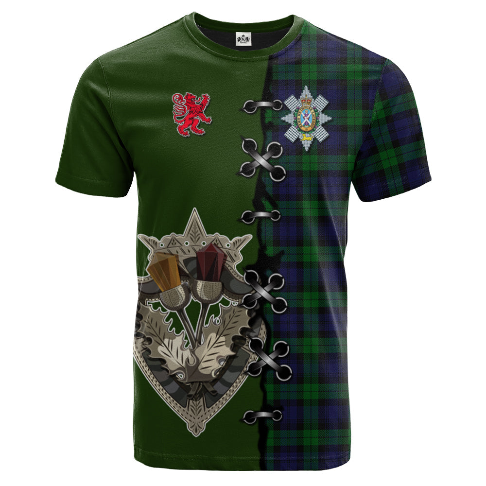 Black Watch Tartan T-shirt - Lion Rampant And Celtic Thistle Style