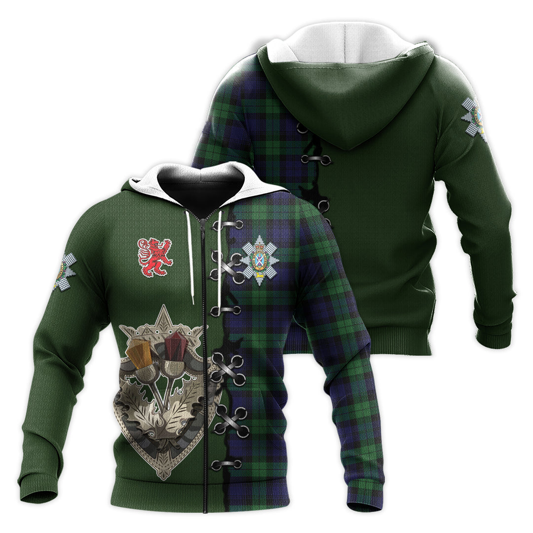 Black Watch Tartan Hoodie - Lion Rampant And Celtic Thistle Style