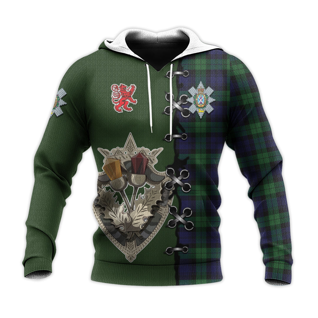 Black Watch Tartan Hoodie - Lion Rampant And Celtic Thistle Style