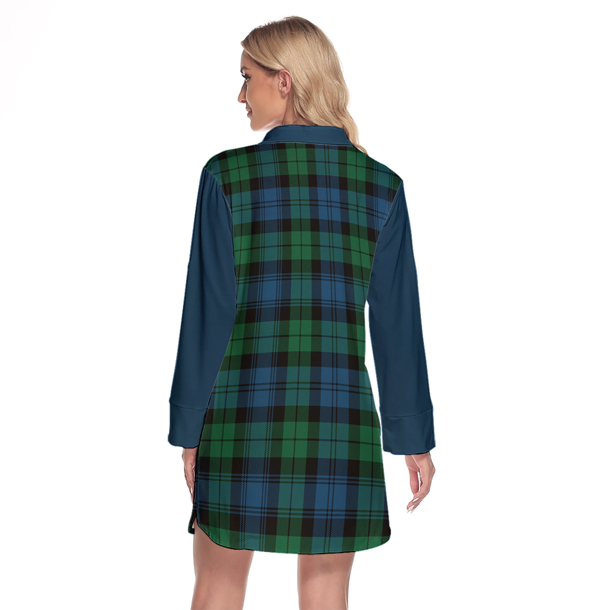 Black Watch Ancient Tartan Women's Lapel Shirt Dress With Long Sleeve