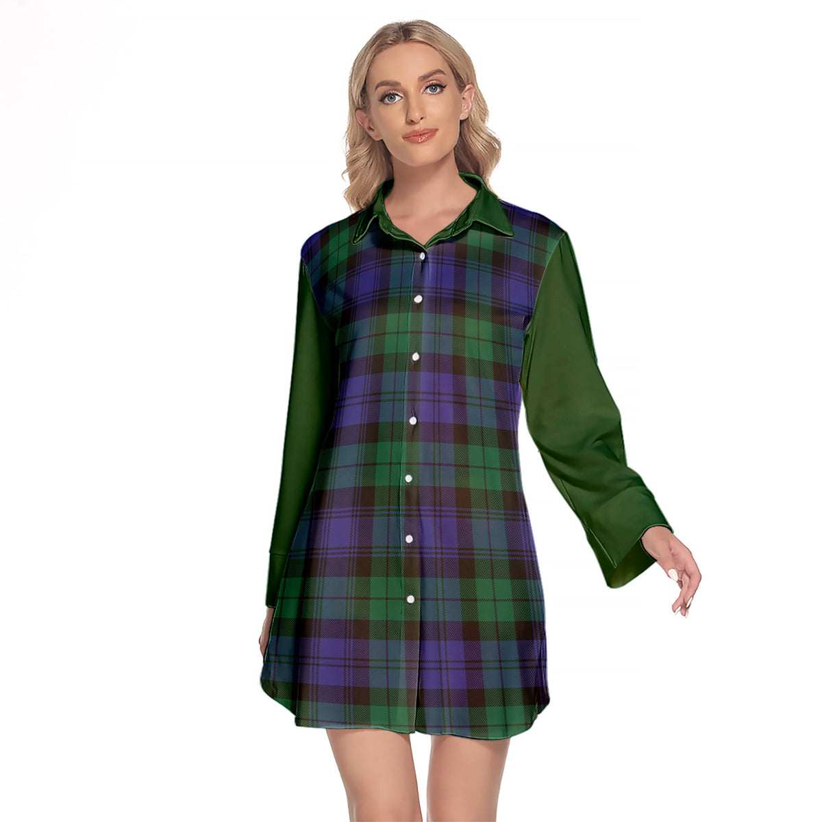 Black Watch Modern Tartan Women's Lapel Shirt Dress With Long Sleeve