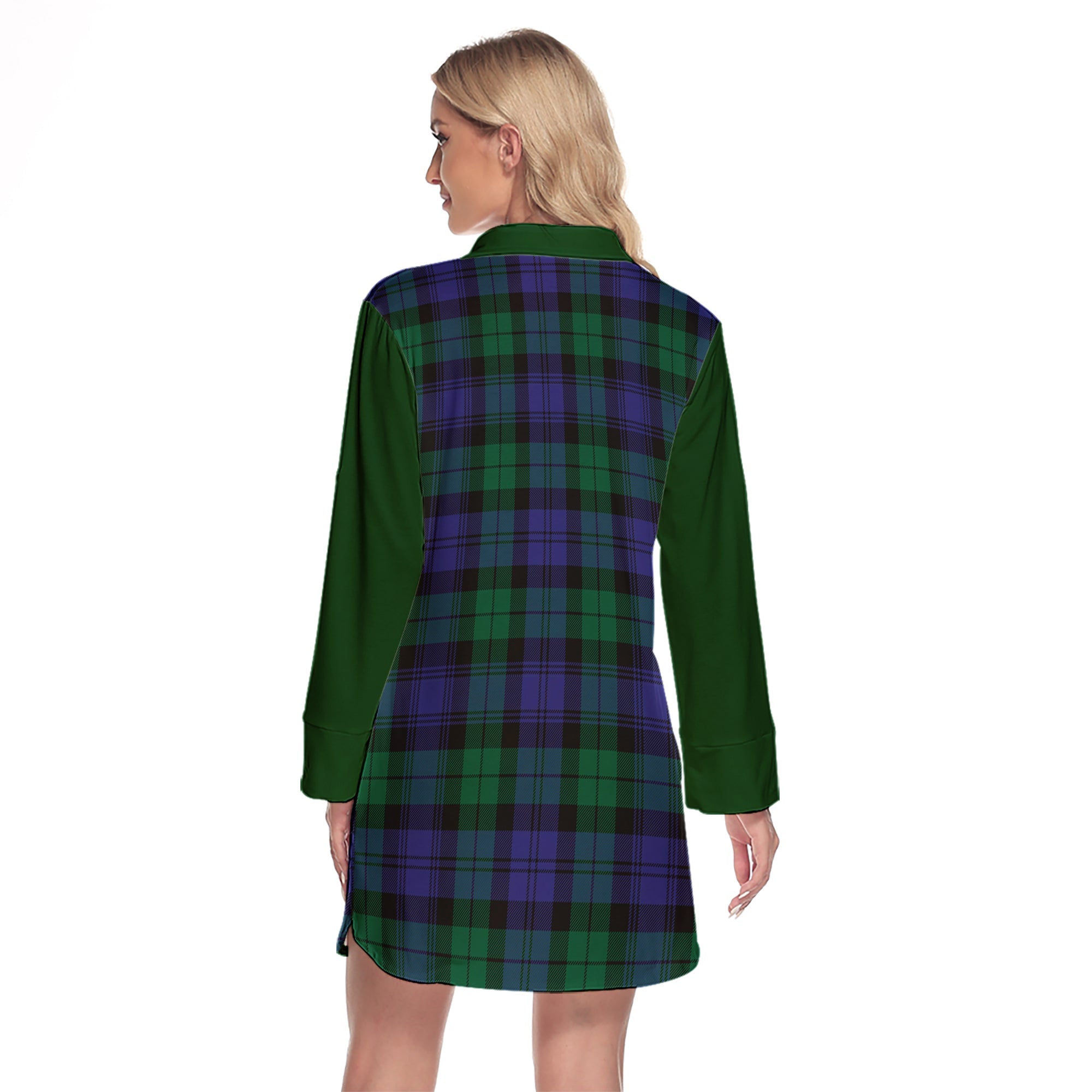 Black Watch Modern Tartan Women's Lapel Shirt Dress With Long Sleeve