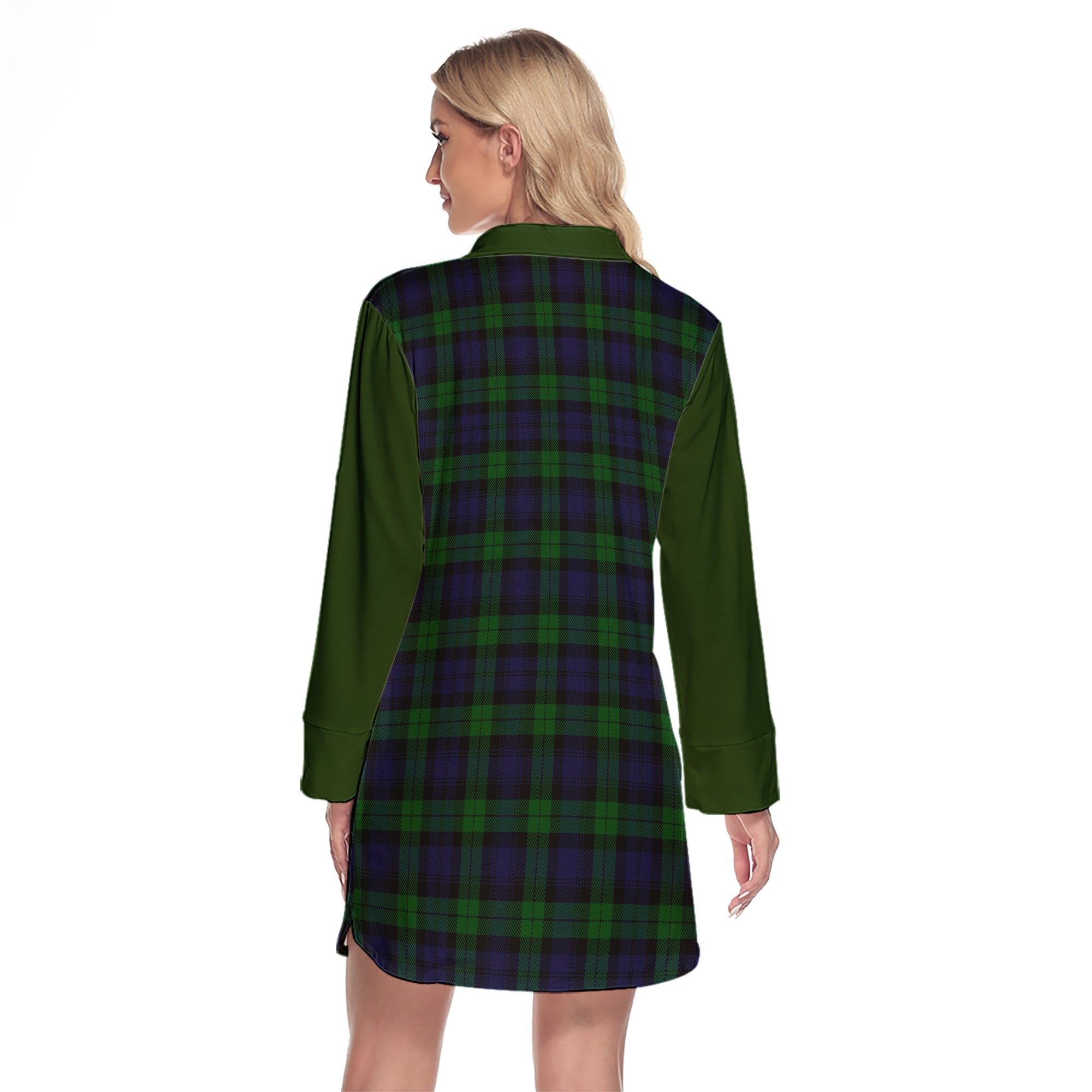 Black Watch Of Canada Tartan Women's Lapel Shirt Dress With Long Sleeve