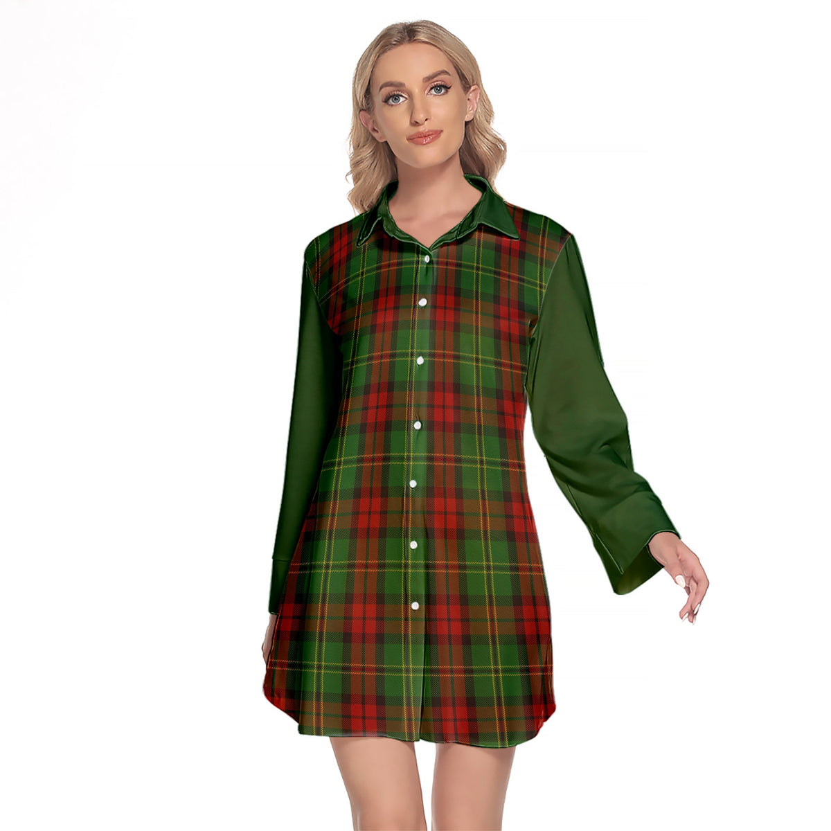 Blackstock Hunting Tartan Women's Lapel Shirt Dress With Long Sleeve