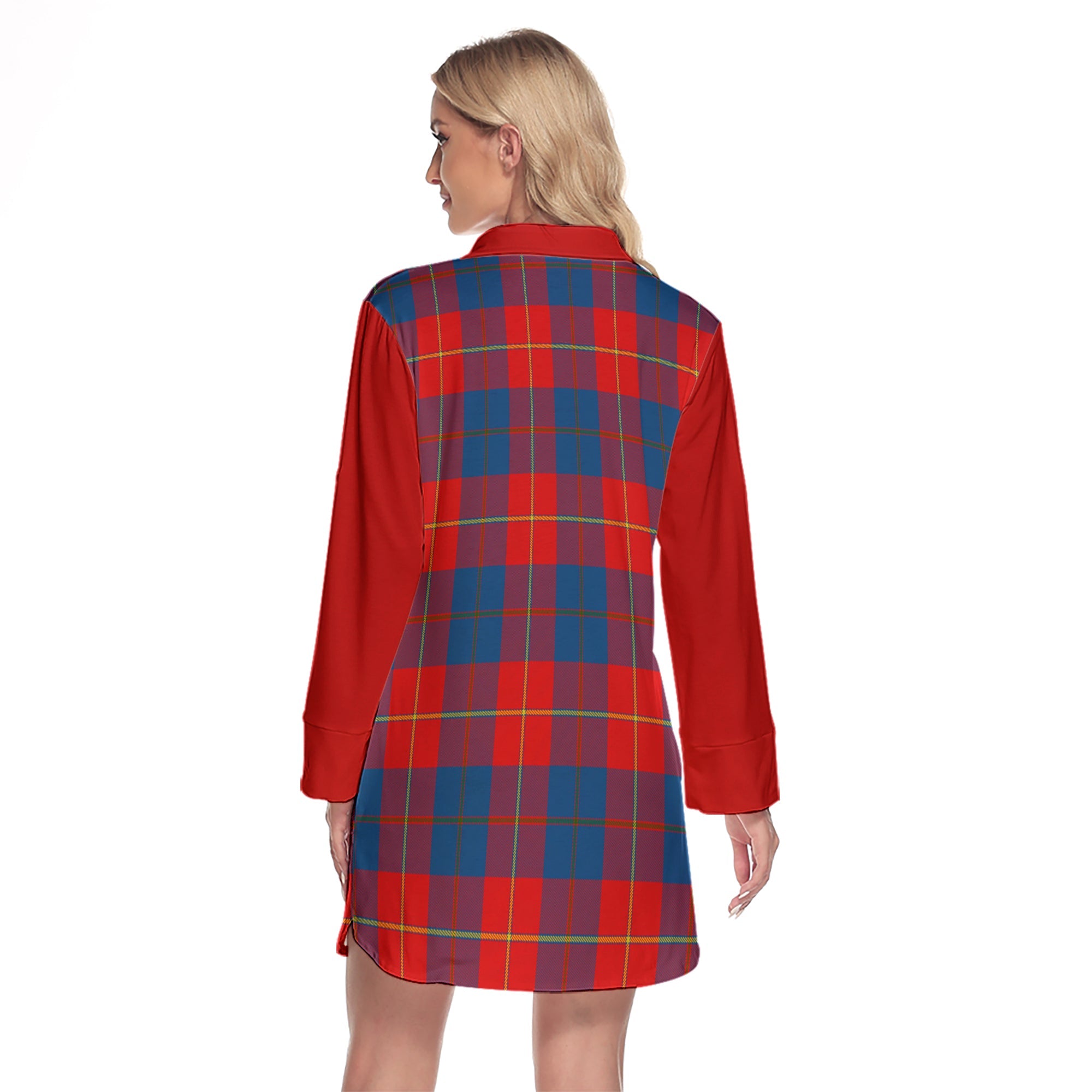 Blane Tartan Women's Lapel Shirt Dress With Long Sleeve