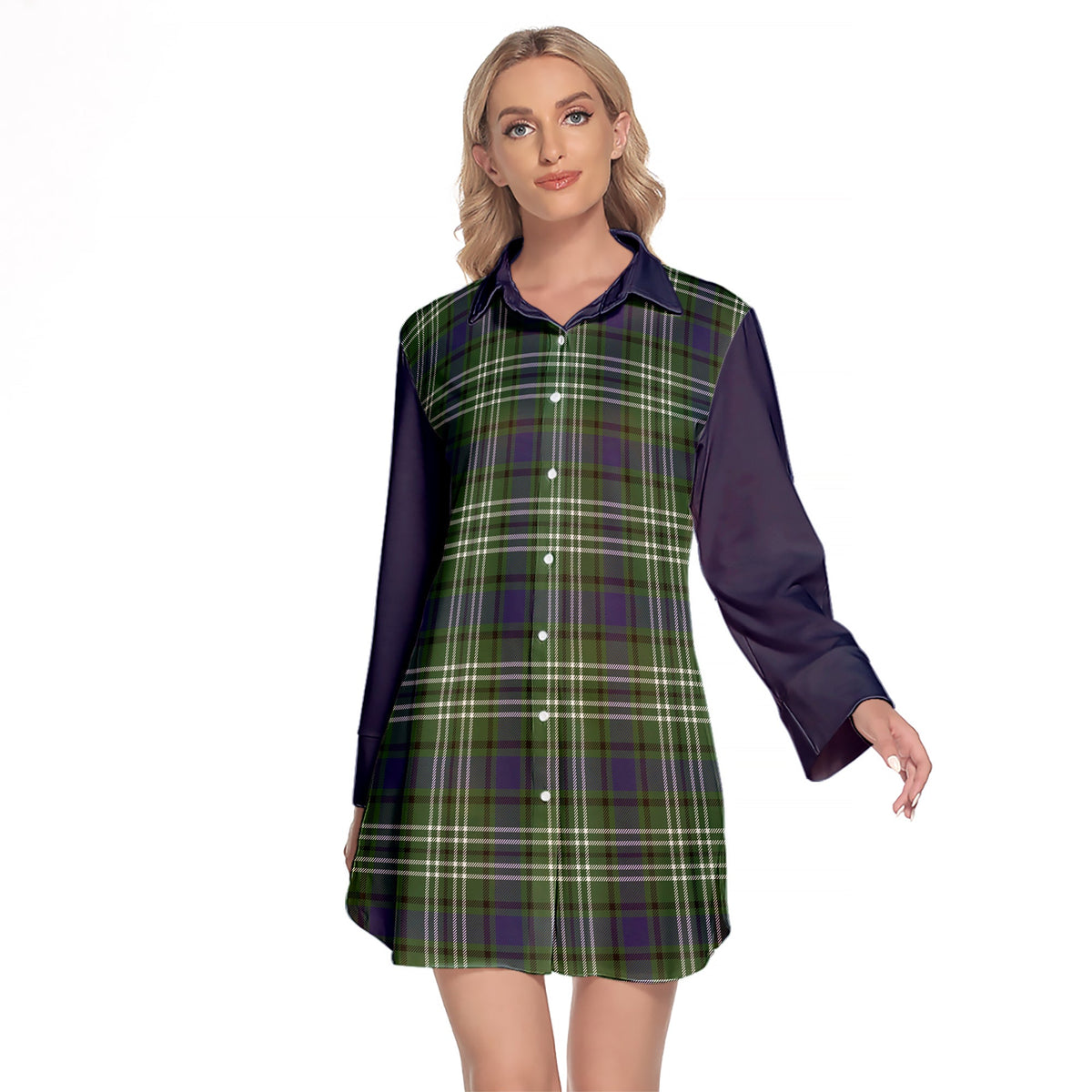 Blyth Tartan Women's Lapel Shirt Dress With Long Sleeve