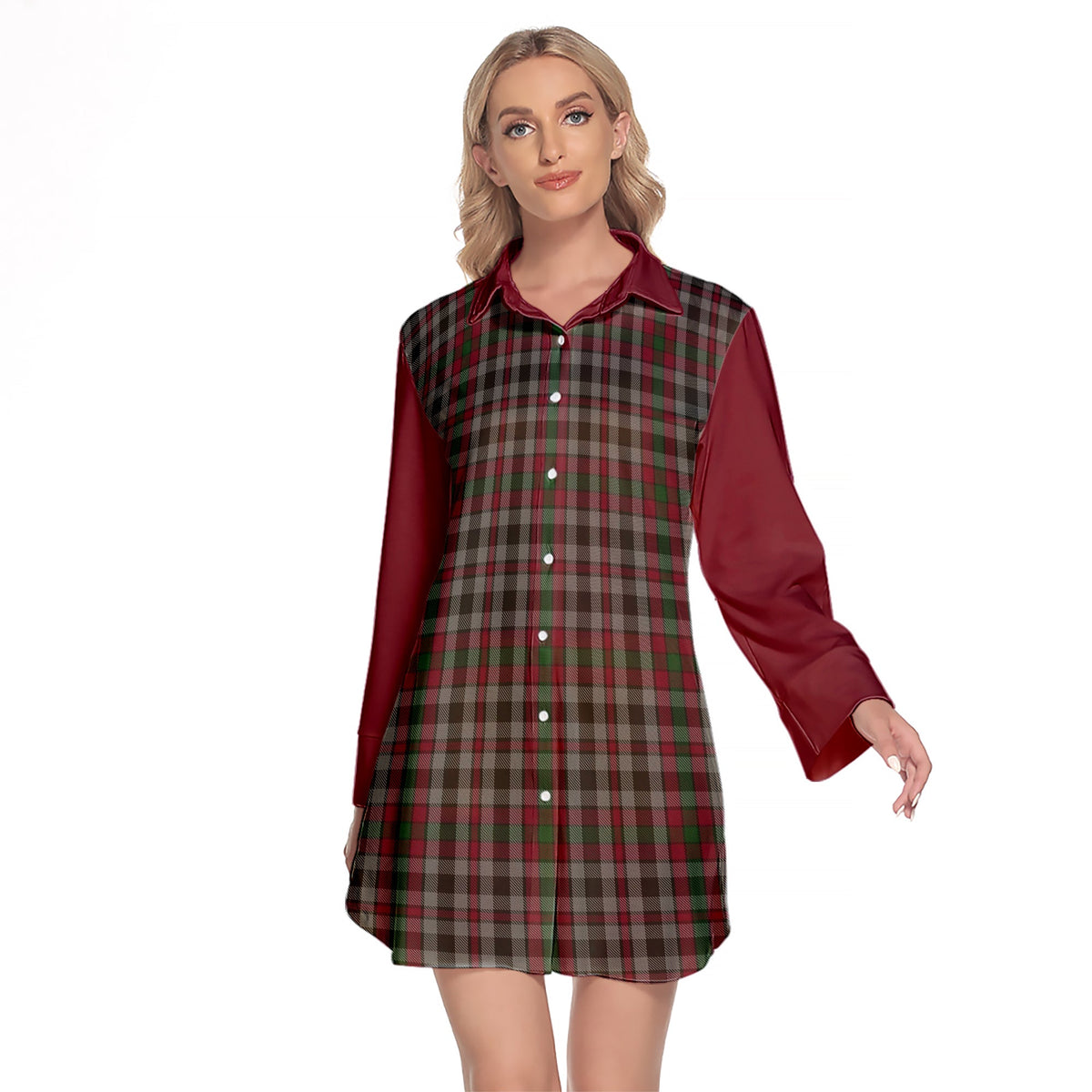 Borthwick Tartan Women's Lapel Shirt Dress With Long Sleeve