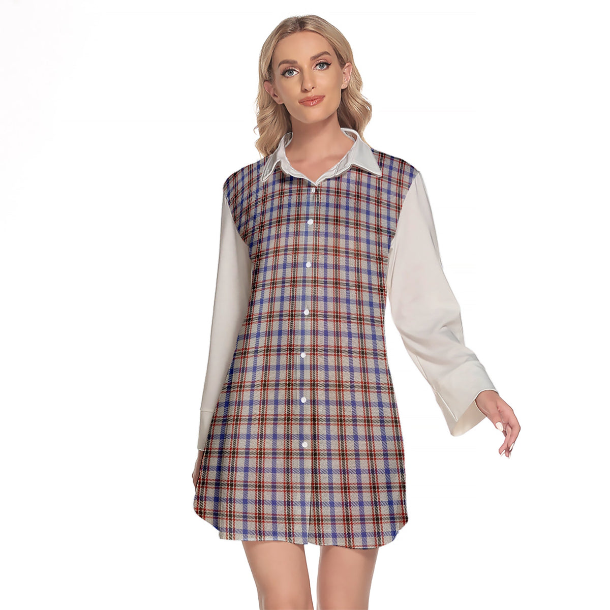 Boswell Tartan Women's Lapel Shirt Dress With Long Sleeve