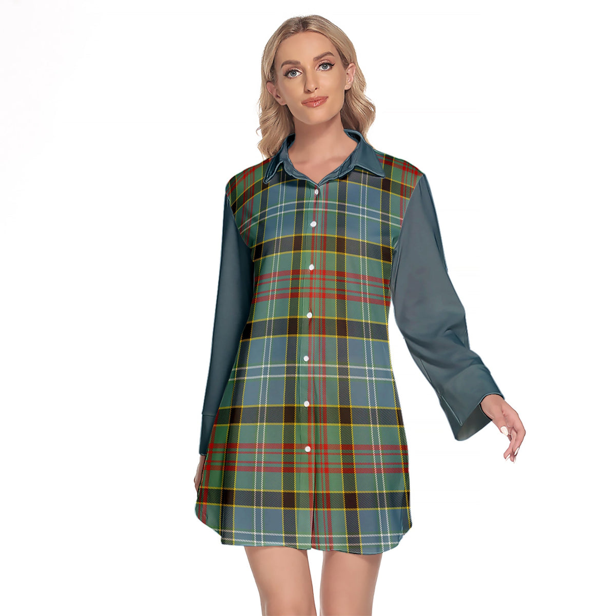 Brisbane Modern Tartan Women's Lapel Shirt Dress With Long Sleeve