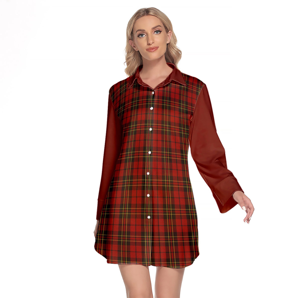 Brodie Tartan Women's Lapel Shirt Dress With Long Sleeve