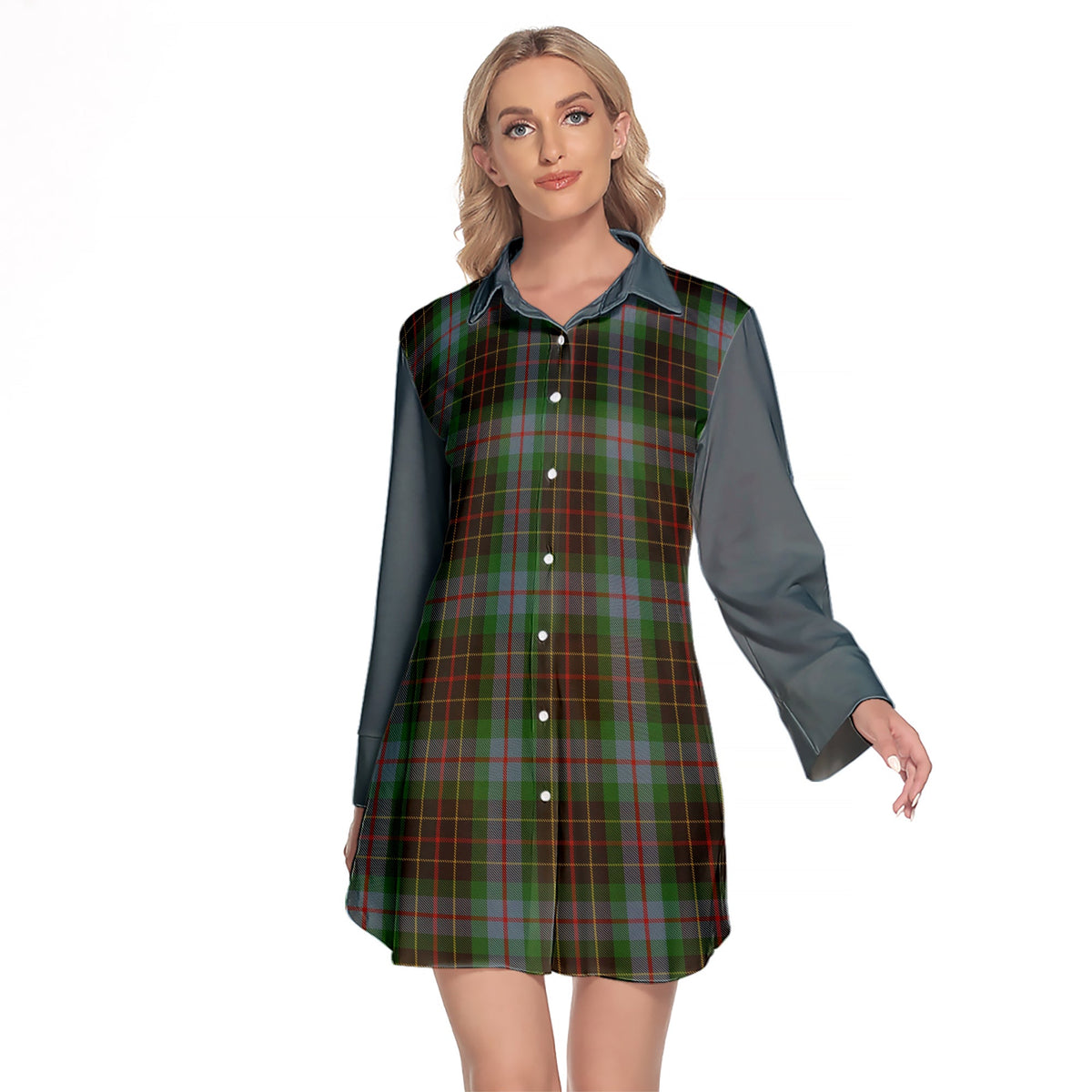 Brodie Hunting Tartan Women's Lapel Shirt Dress With Long Sleeve